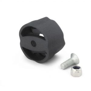 Black rubber bolt-on bracket with a circular design, featuring a central opening, accompanied by a silver screw and a nut.