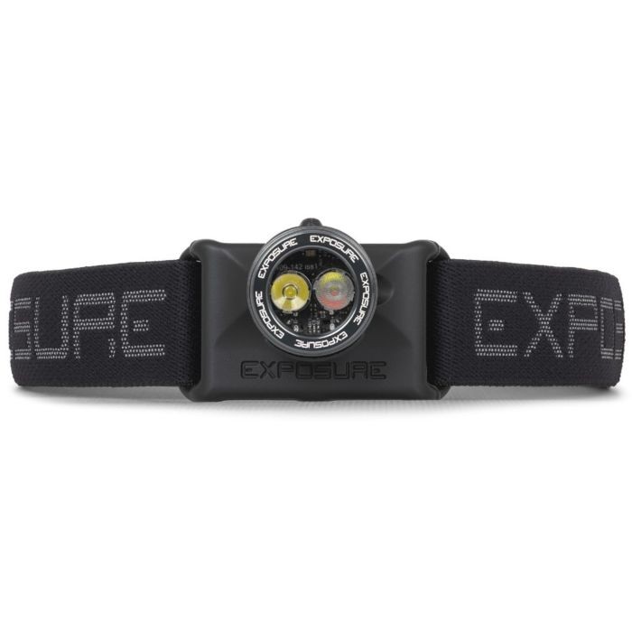 Black headtorch with a sturdy strap, featuring a round light housing with two colored lenses and the "EXPOSURE" logo prominently displayed on the front.