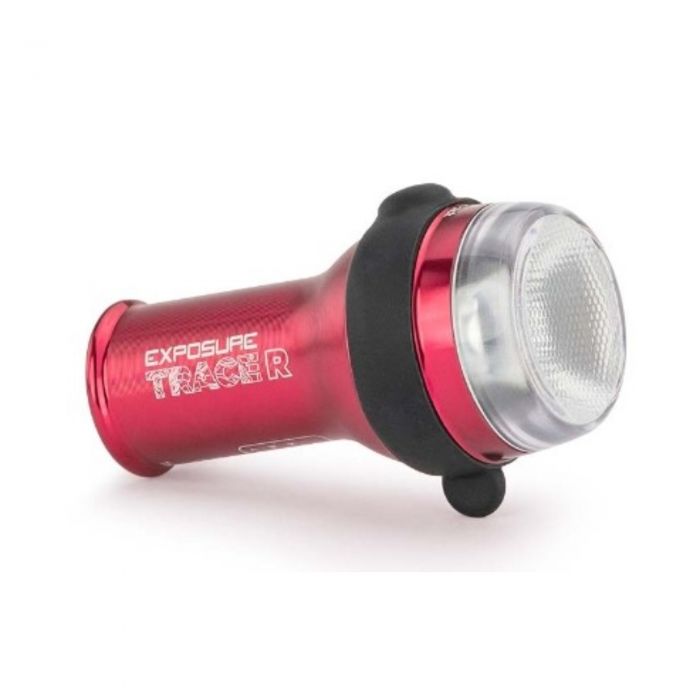 Red aluminum bike light with a clear lens, featuring a textured surface and a rubber grip, designed for rear visibility, labeled "Exposure TraceR MK3 ReAKT."