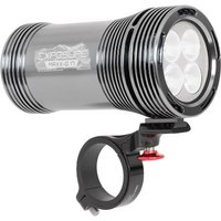 Gray Exposure MaXx-D Mk17 bike light with four LED bulbs, ribbed cylindrical body, and black handlebar mount.