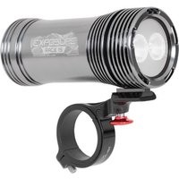 Silver Exposure Race Mk19 bike light, 2650 lumens, cylindrical with dual lenses and black mounting bracket.