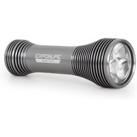Gray cylindrical Exposure Zenith Mk4 bike light with ribbed sides, clear lens, and helmet and handlebar mounts.
