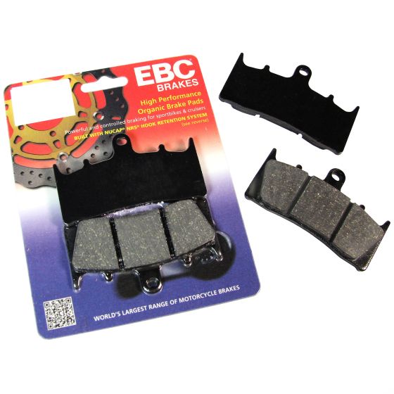 EBC Brakes Organic FA Series motorcycle brake pads in black and gray, featuring Kevlar material, packaged with three pads and a colorful backing card.