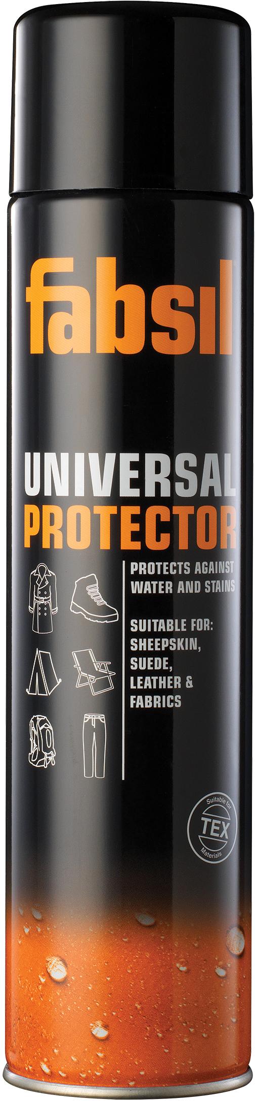 Black and orange Fabsil Aerosol 600ml canister labeled "Universal Protector" for waterproofing fabrics and leather.