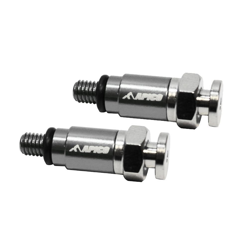 Silver Apico fork air bleeders with M5x0.8 threading, featuring a sleek design, rubber O-rings, and engraved branding for Kayaba/Showa compatibility.