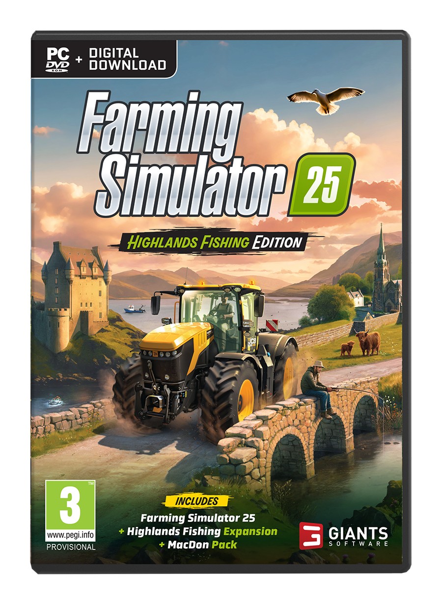 Farming Simulator 25: Highlands Fishing Edition for PC features a vibrant cover with a yellow tractor on a stone bridge, lush landscapes, and a castle in the background, highlighting the game’s rural theme.