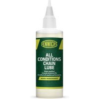 Fenwicks All Conditions Chain Lube bottle with green label, yellow accents, and pointed nozzle cap.