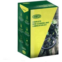 Fenwicks Complete Bike Cleaning & Lubrication Kit in a green and yellow box with a cyclist image on the side.