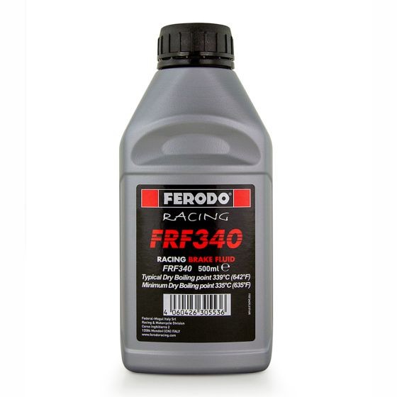Gray plastic bottle of Ferodo FRF340 Racing Brake Fluid, featuring a black and red label with product details, 500ml capacity, and boiling point information prominently displayed.