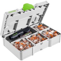 "Festool SYS3 S 76-WAGO-Set with gray case, green latch, and compartments filled with Wago terminals and a voltage tester"