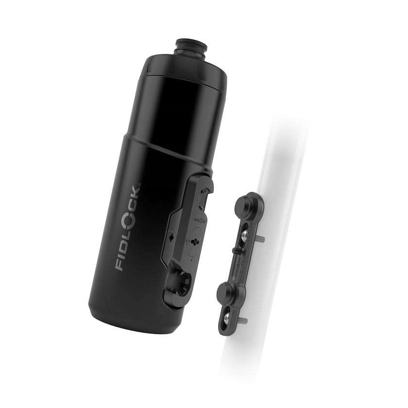 Black Fidlock Twist Bottle (600ml) with a sleek design, featuring a secure bike base attachment for easy mounting and removal.