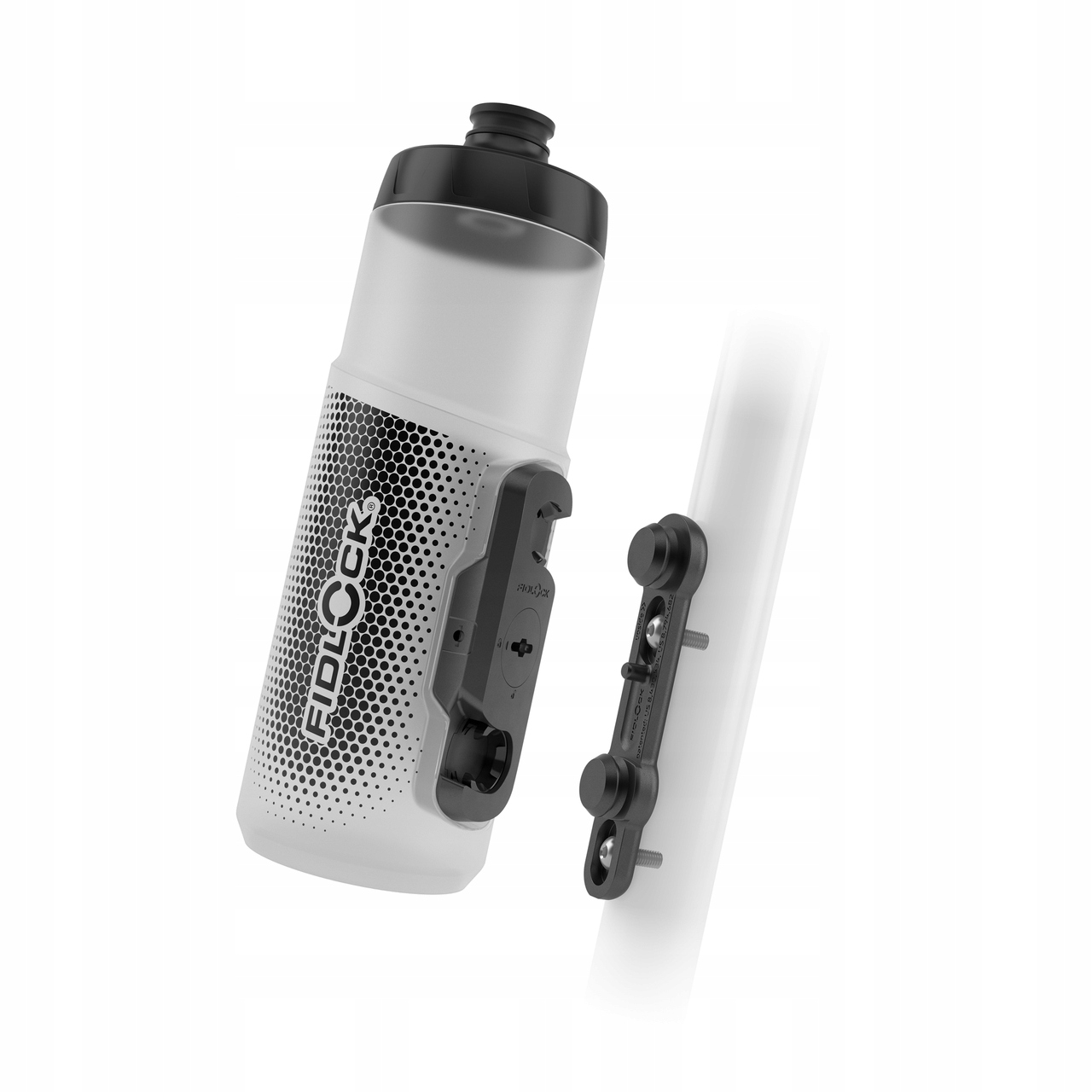 Clear 600ml Fidlock Twist Bottle with a black cap, featuring a dotted design and a bike base attachment for easy mounting on bicycles.