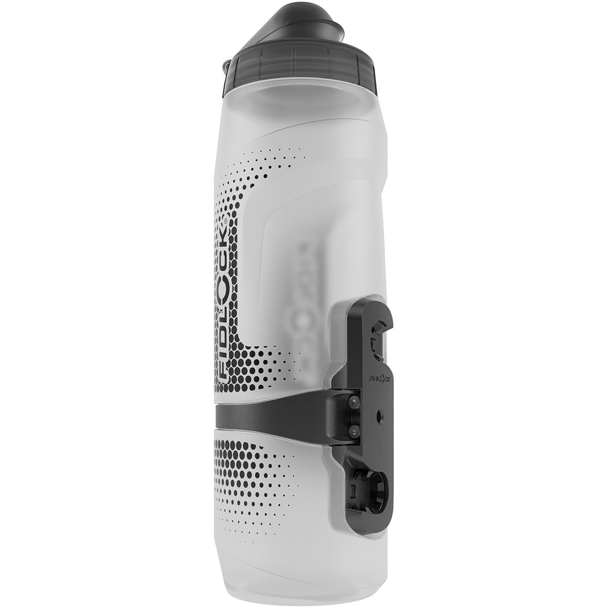 Clear 800ml Fidlock Twist Single Bottle featuring a black cap, a textured grip, and a unique magnetic attachment system for easy access.