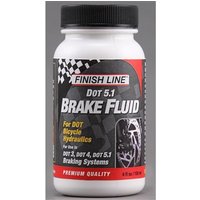 Finish Line Dot 5.1 Brake Fluid bottle with black cap, checkered label, and red accents for bicycle hydraulics.