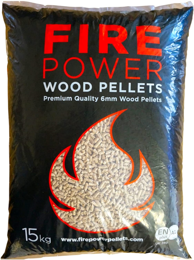 Black bag with red and white text labeled "FIRE POWER WOOD PELLETS," featuring a flame graphic, containing 15 kg of premium 6mm softwood pellets for high heat output in pizza ovens.