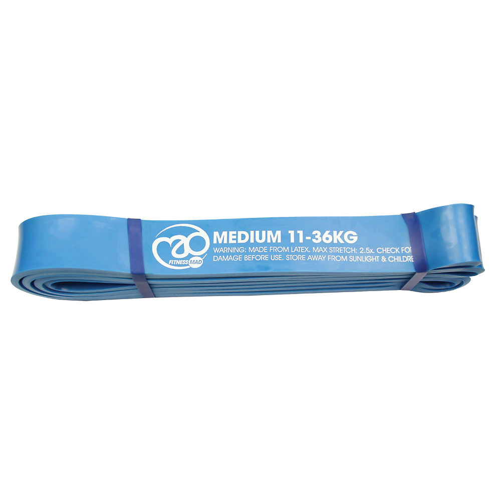 Blue Fitness-Mad Power Resistance Loop labeled "Medium 11-36KG," made from durable latex, featuring a smooth, flat design for versatile strength training.