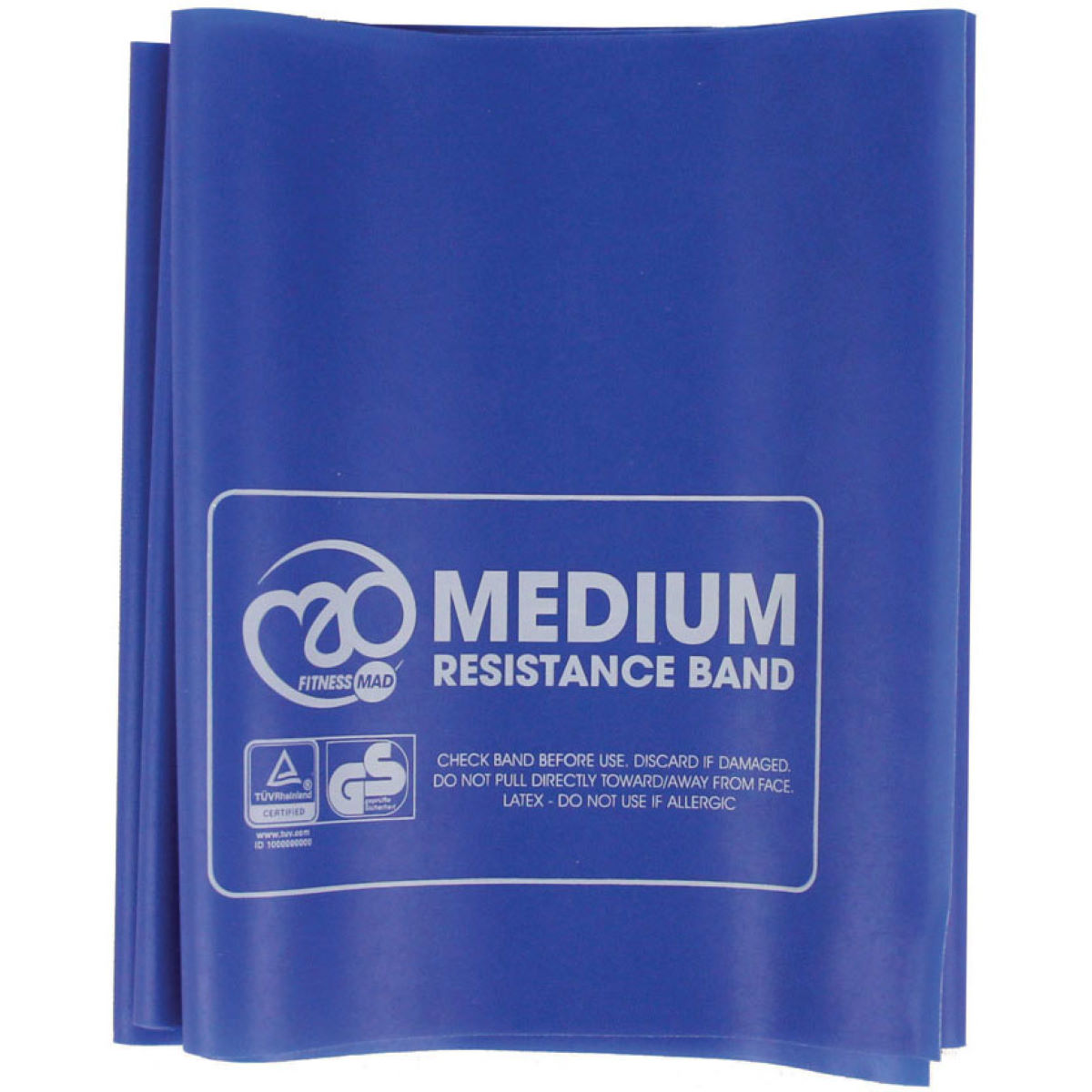 Blue medium resistance band made of latex, featuring a smooth texture and clear white branding with "MEDIUM RESISTANCE BAND" printed prominently.