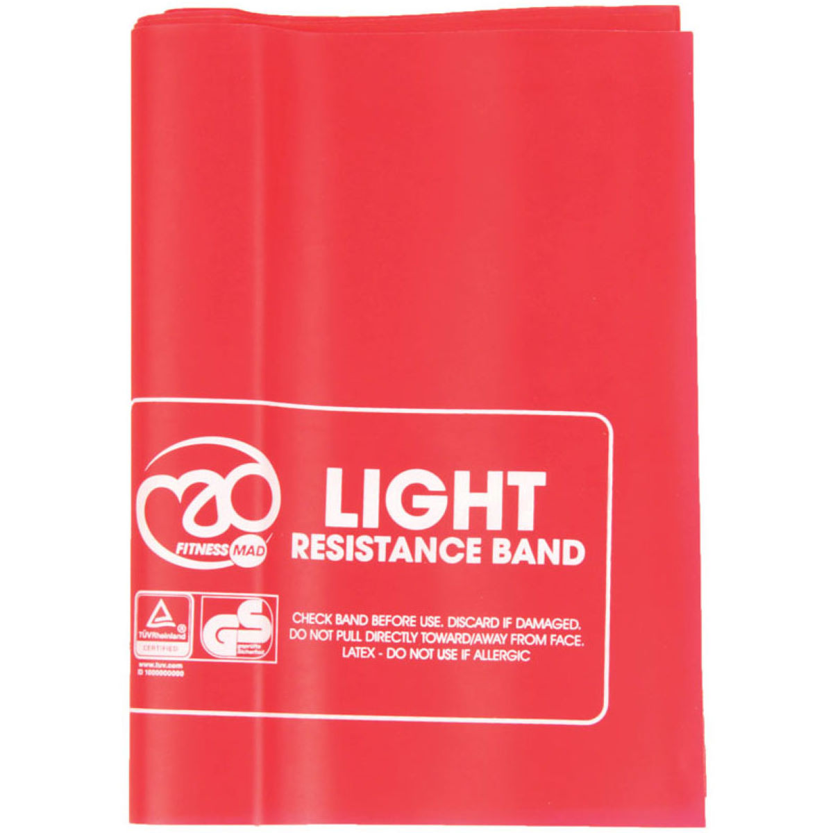 Red latex resistance band measuring 15cm x 1.5m, featuring "LIGHT" label and safety warnings, designed for fitness and exercise use.