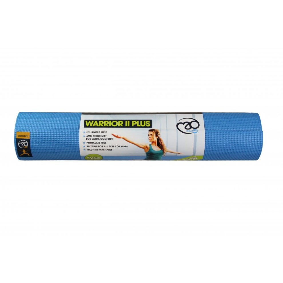 Blue Fitness Mad Warrior II Plus yoga mat, measuring 183cm x 61cm, featuring a textured surface for grip and durability, ideal for yoga and fitness activities.