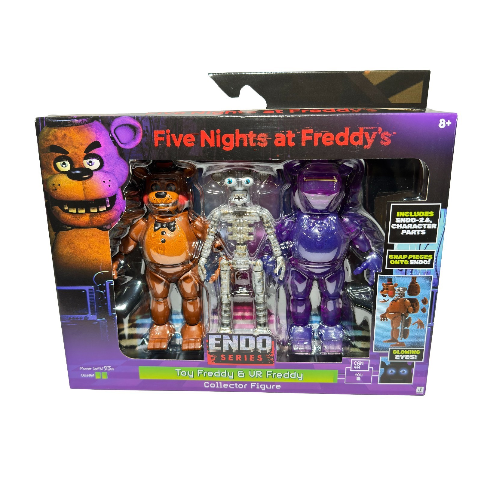 Toy Freddy is orange with a black top hat, VR Freddy is purple, and an endoskeleton figure is silver; all are packaged in a colorful box with "Five Nights at Freddy's" branding.