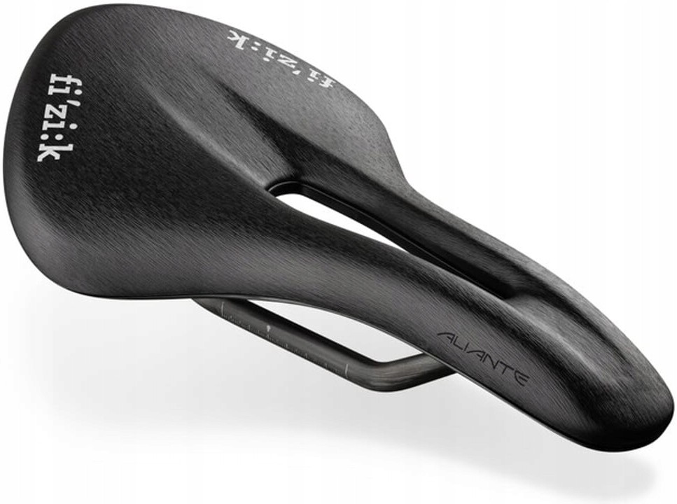 Black Fizik Tempo Aliante R1 Lite saddle, featuring a sleek design, lightweight construction, and a cut-out center for comfort, measuring 155mm in width.