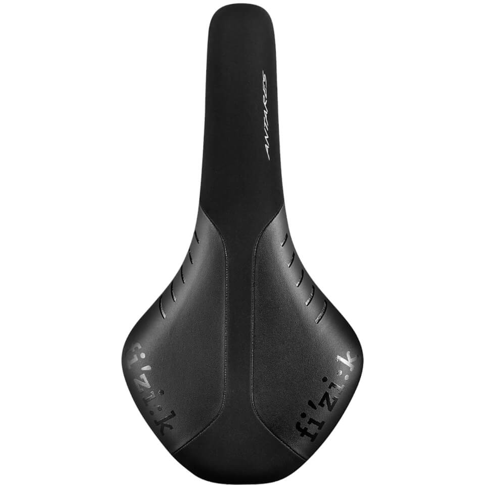Black Fizik Antares R1 road saddle featuring 7 x 9 braided rails, a sleek design with subtle grooves, and a matte finish for enhanced grip and comfort.