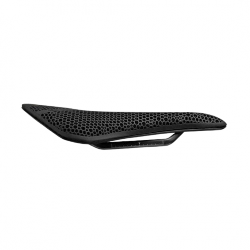 Black Fizik Argo Vento R1 Adaptive Saddle featuring a sleek, aerodynamic design with a honeycomb pattern for ventilation and a 150mm width for comfort.