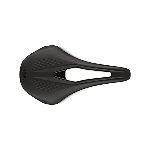 Black Fizik Argo Vento R3 Adaptive Saddle, 140mm wide, featuring a sleek design with a central cutout for pressure relief and textured surface for enhanced grip.
