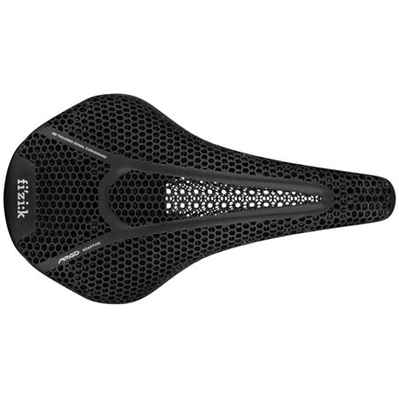 Black Fizik Argo Vento R3 Adaptive Saddle featuring a unique honeycomb design, lightweight construction, and a 150mm width for enhanced comfort and performance.
