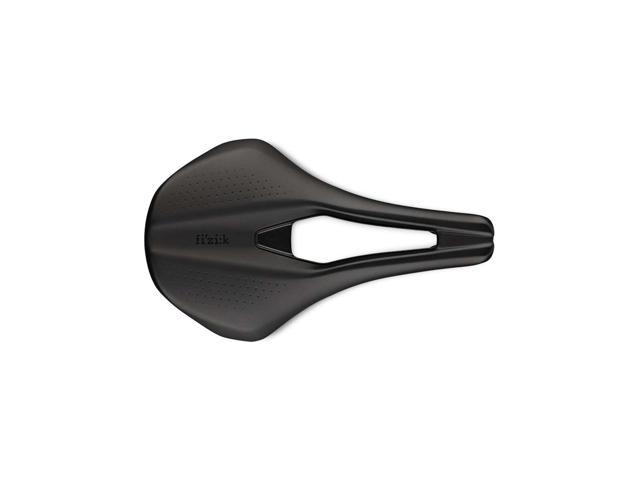 Black Fizik Tempo Argo R5 saddle, 150mm width, featuring a sleek design with a central cutout for comfort and perforated surface for breathability.