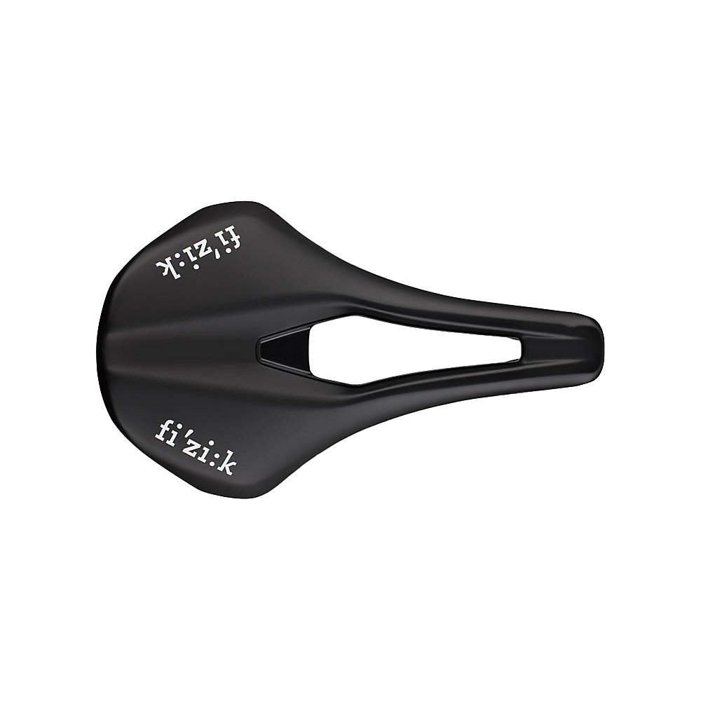 Black Fizik Tempo Argo R5 saddle, 160mm wide, featuring a sleek design with a central cutout for pressure relief and subtle white branding on the sides.