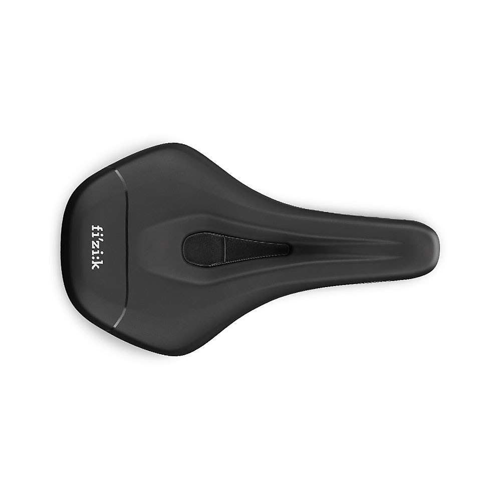 Black Fizik Terra Aidon X3 saddle, 145mm wide, featuring a sleek design with a central cutout for comfort, made from durable materials for off-road cycling.