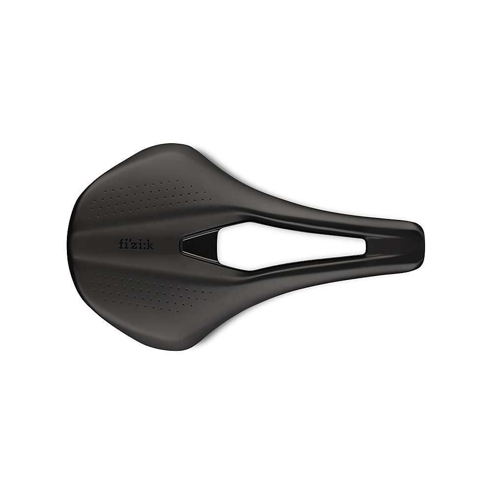 Black Fizik Argo Terra X3 saddle, 150mm wide, featuring a sleek design with ventilation holes and a central cutout for comfort during rides.