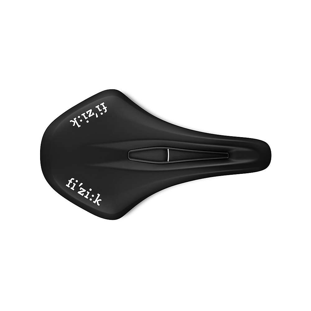 Black Fizik Terra Argo X5 saddle, 160mm wide, featuring a sleek design with a central cutout for comfort, and the brand name "fi'zi:k" prominently displayed in white.