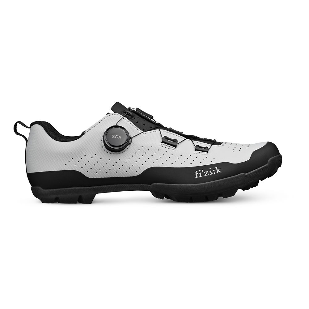 Black and white Fizik Terra Atlas cycling shoes, size 44, featuring a sleek design, perforated upper, and a BOA dial for secure fit, with rugged outsole for traction.