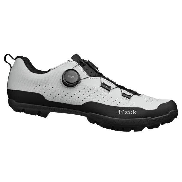 Fizik Terra Atlas cycling shoes in black and white, featuring a sleek design, perforated upper for breathability, and a BOA dial for adjustable fit, size 45.