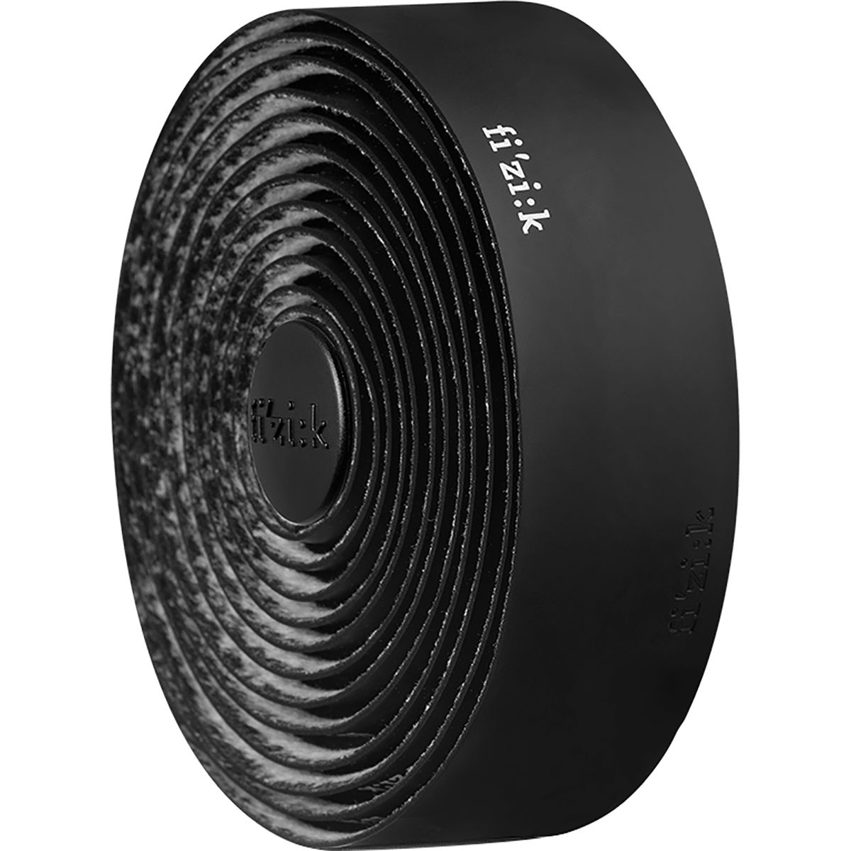 Black Fizik Terra Microtex Bondcush Tacky Bar Tape, featuring a textured surface for grip, rolled into a compact coil, showcasing its durable material and sleek design.