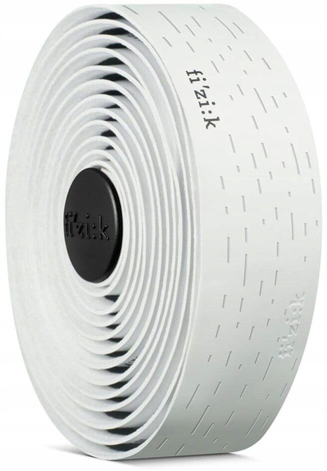 White Fizik Terra Microtex Solocush Tacky Bar Tape featuring a textured surface and subtle line patterns, rolled neatly with a black center logo.