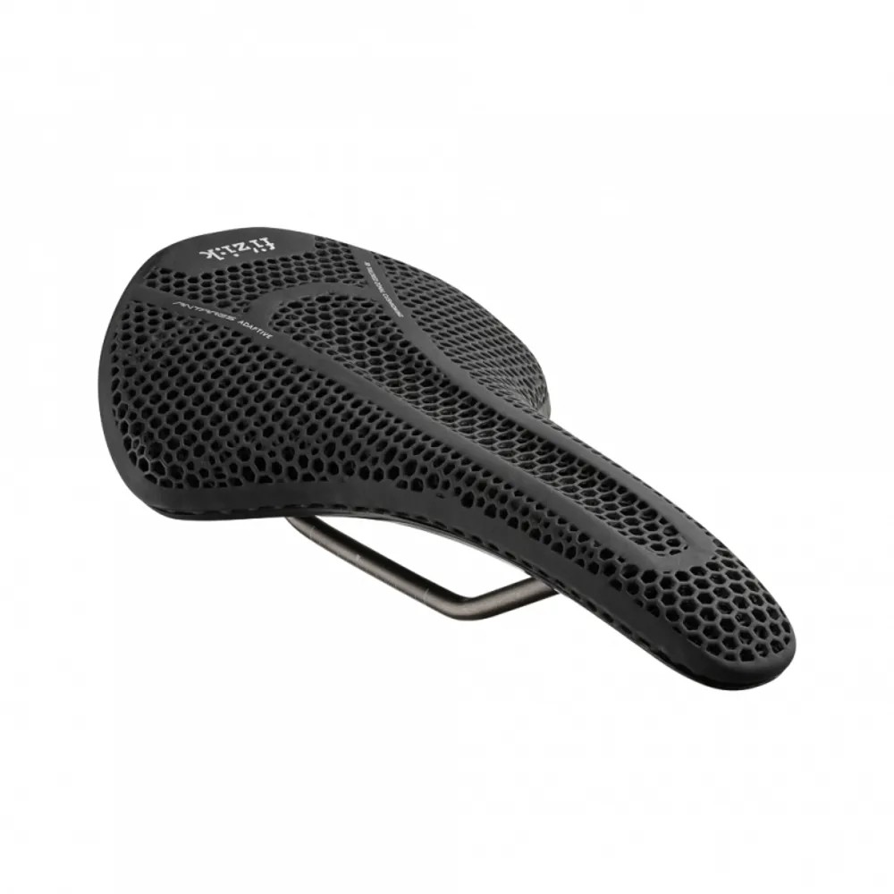 Black Fizik Vento Antares R3 Adaptive Saddle with a textured surface, featuring a sleek design and a lightweight metal rail, measuring 140mm in width.