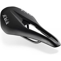 Black Fizik Vento Argo R5 bike saddle with short nose, ergonomic cutout, and Fizik branding on the surface.