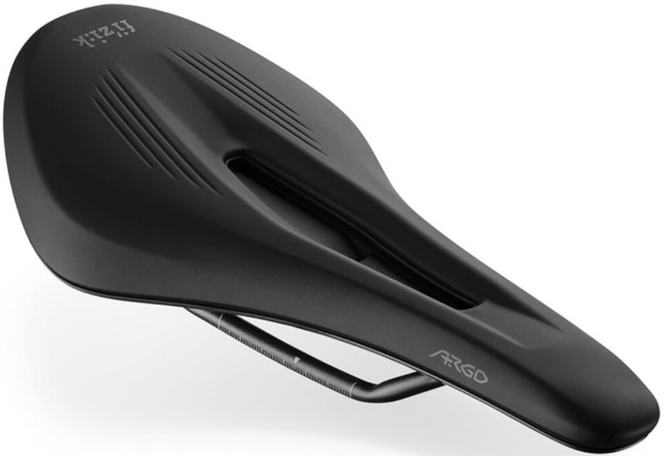 Black Fizik Argo Vento X3 Kium saddle featuring a sleek design, ergonomic cutout, and textured surface for enhanced grip, mounted on a lightweight Kium rail.