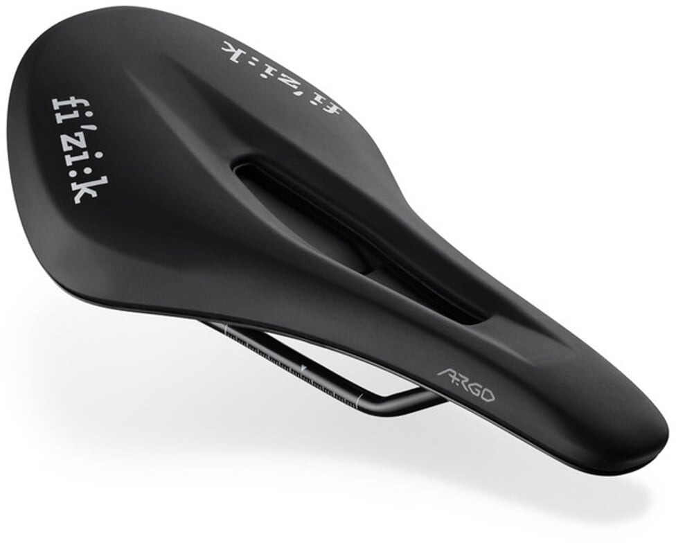 Black Fizik Vento Argo X5 saddle, 140mm wide, featuring a sleek design, central cutout for pressure relief, and lightweight construction for enhanced performance.