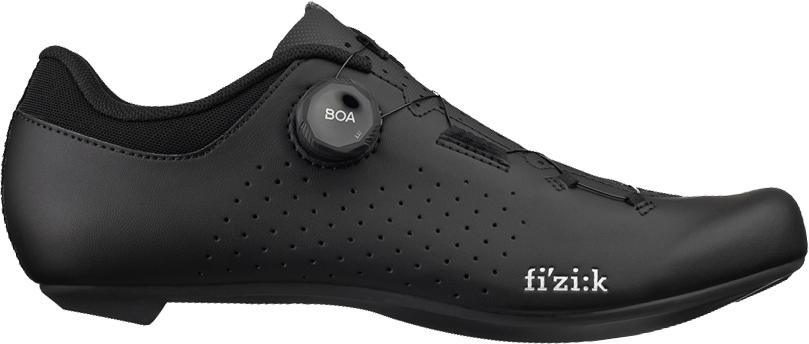 Sleek black cycling shoe with a perforated synthetic upper, featuring a BOA dial closure system and a streamlined design, size 46.