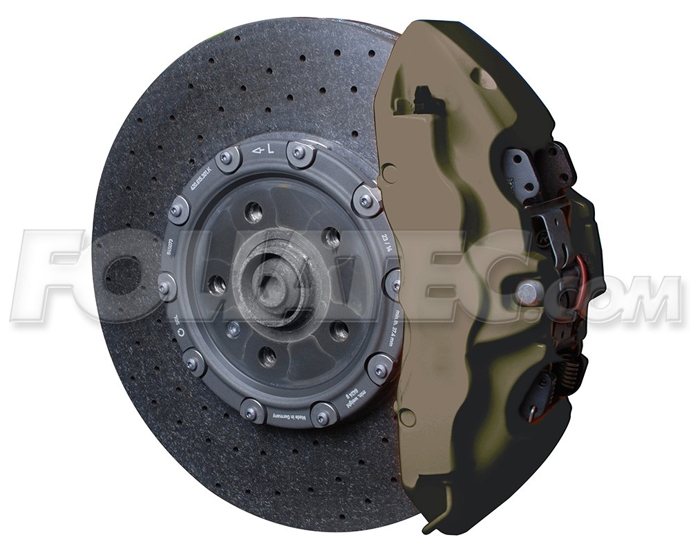 Dark green aerosol can of FOLIATEC 2189 brake caliper paint, 50ml capacity, displayed alongside a detailed brake disc and caliper, showcasing its smooth finish and design.
