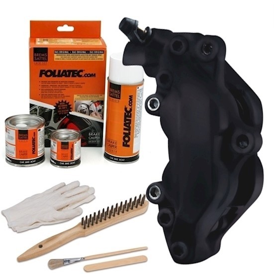 Black brake caliper paint in an aerosol can, accompanied by two paint cans, a brush, gloves, and a cleaning tool, all packaged with an orange and white Foliatec branding.