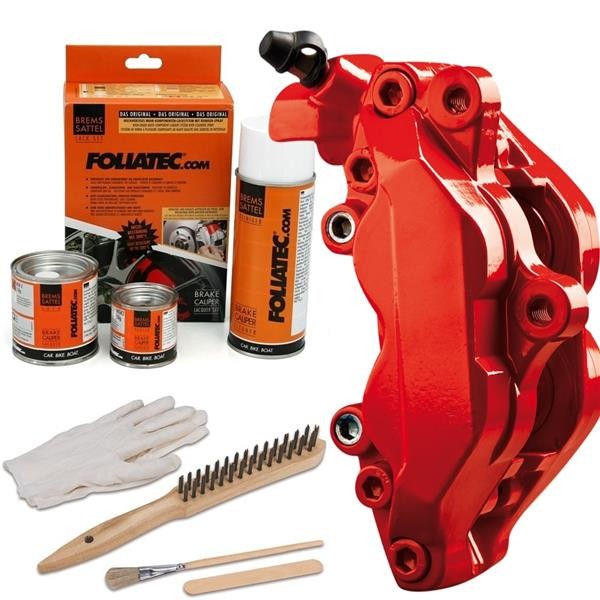 Bright red aerosol brake caliper paint in a 50ml can, accompanied by a brush, gloves, and a cleaning tool, all packaged with instructions in a branded box.