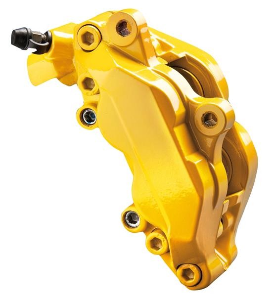 Bright yellow brake caliper paint in a 50ml aerosol can, featuring a sleek design and smooth finish, ideal for enhancing automotive brake components.