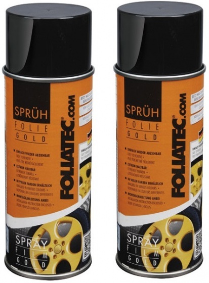 Two cans of Foliatec Spray Film in Anthracite Metallic, featuring a sleek grey finish, with clear labeling and product details on the orange background.