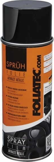 Anthracite metallic spray film can by Foliatec, featuring a sleek black and orange design, ideal for automotive applications, with clear labeling and a glossy finish.