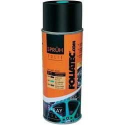 Black glossy spray film canister by Foliatec, featuring an orange and blue label with product details, designed for automotive applications.